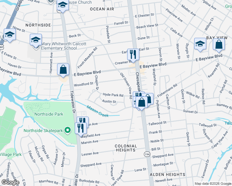 map of restaurants, bars, coffee shops, grocery stores, and more near 529 Woodford Street in Norfolk
