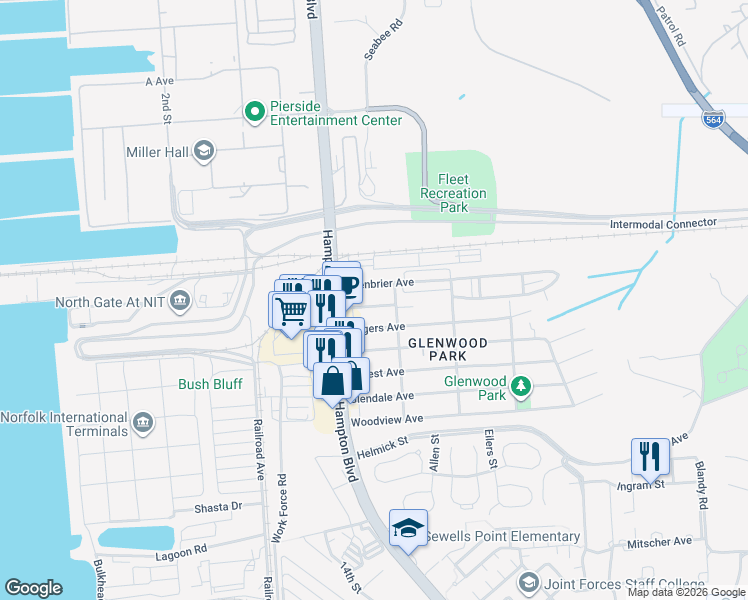 map of restaurants, bars, coffee shops, grocery stores, and more near 137 Greenbrier Avenue in Norfolk
