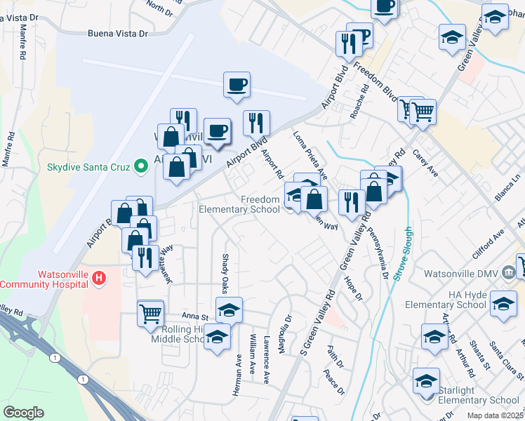 map of restaurants, bars, coffee shops, grocery stores, and more near Holly Drive in Watsonville