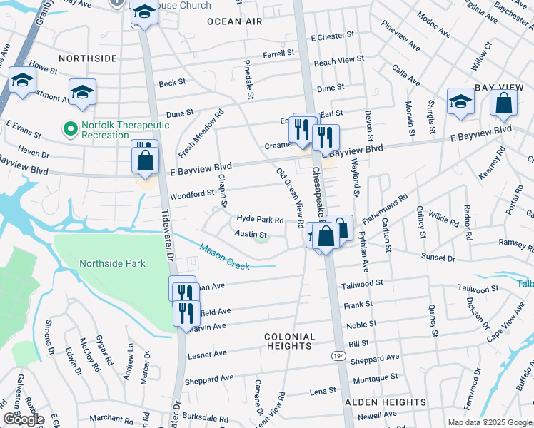 map of restaurants, bars, coffee shops, grocery stores, and more near 524 Hyde Park Road in Norfolk