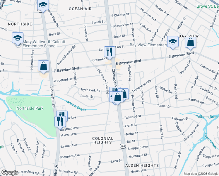 map of restaurants, bars, coffee shops, grocery stores, and more near 8530 Old Ocean View Road in Norfolk