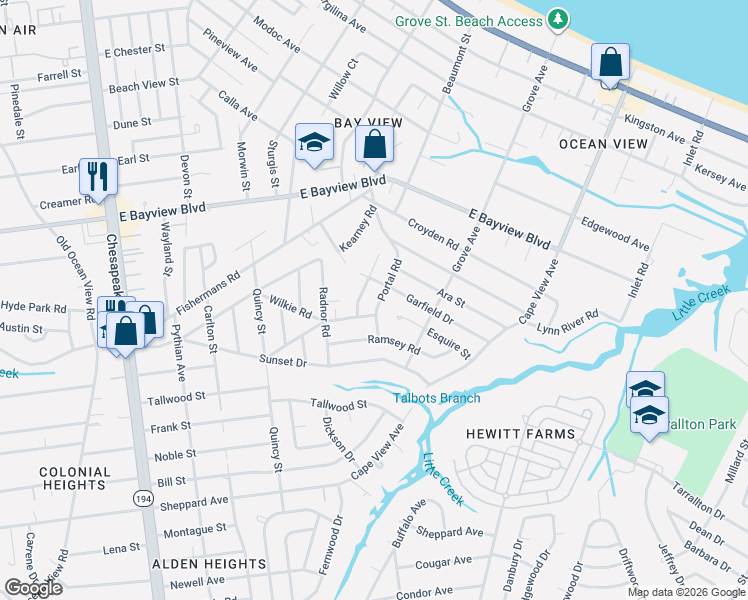 map of restaurants, bars, coffee shops, grocery stores, and more near 8447 Portal Road in Norfolk