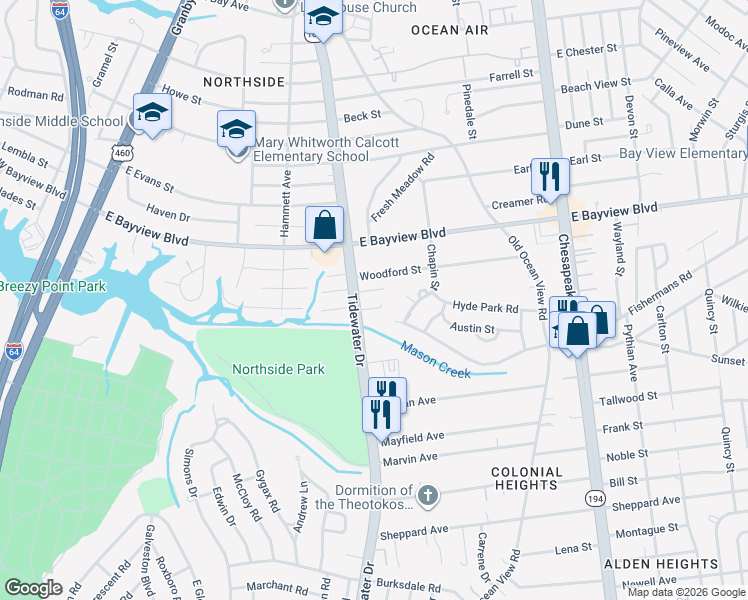 map of restaurants, bars, coffee shops, grocery stores, and more near 421 Woodford Street in Norfolk