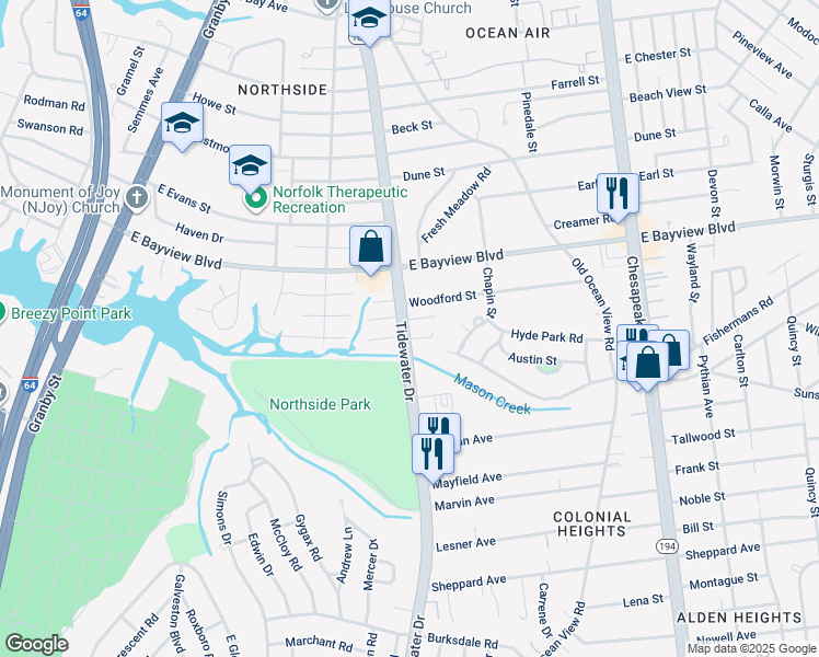 map of restaurants, bars, coffee shops, grocery stores, and more near 421 Woodford Street in Norfolk