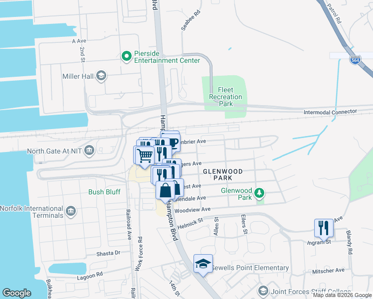 map of restaurants, bars, coffee shops, grocery stores, and more near 137 Greenbrier Avenue in Norfolk