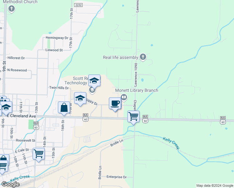 map of restaurants, bars, coffee shops, grocery stores, and more near 1006 Old Airport Road in Monett