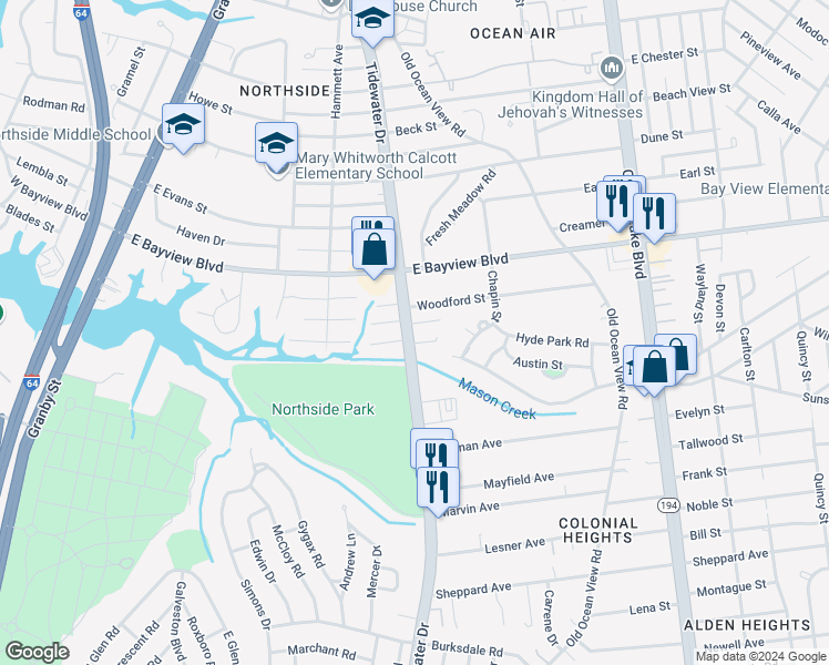map of restaurants, bars, coffee shops, grocery stores, and more near 8530 Tidewater Drive in Norfolk