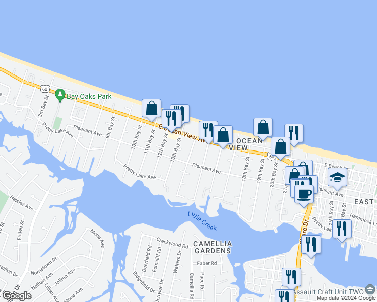 map of restaurants, bars, coffee shops, grocery stores, and more near 9621 14th Bay Street in Norfolk