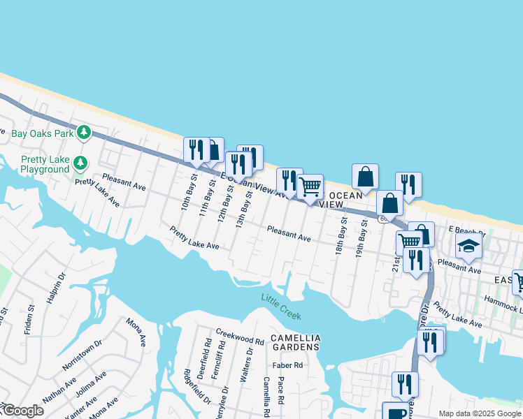 map of restaurants, bars, coffee shops, grocery stores, and more near 9621 14th Bay Street in Norfolk