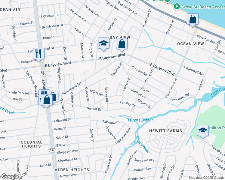 map of restaurants, bars, coffee shops, grocery stores, and more near 8452 Radnor Road in Norfolk