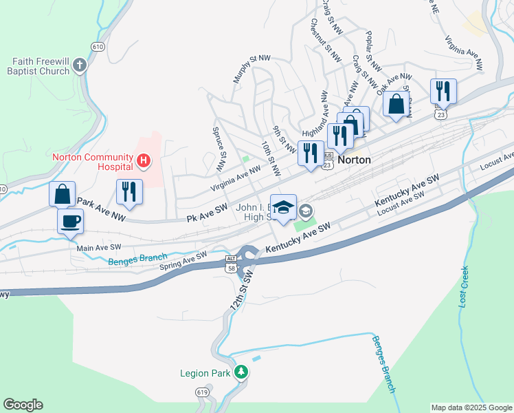 map of restaurants, bars, coffee shops, grocery stores, and more near 1100-1128 Park Avenue Northwest in Norton
