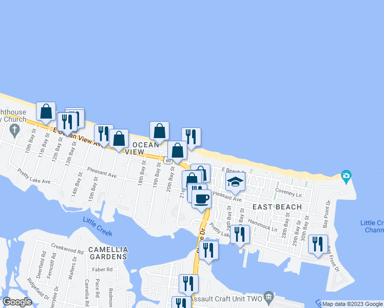 map of restaurants, bars, coffee shops, grocery stores, and more near 4110 East Ocean View Avenue in Norfolk