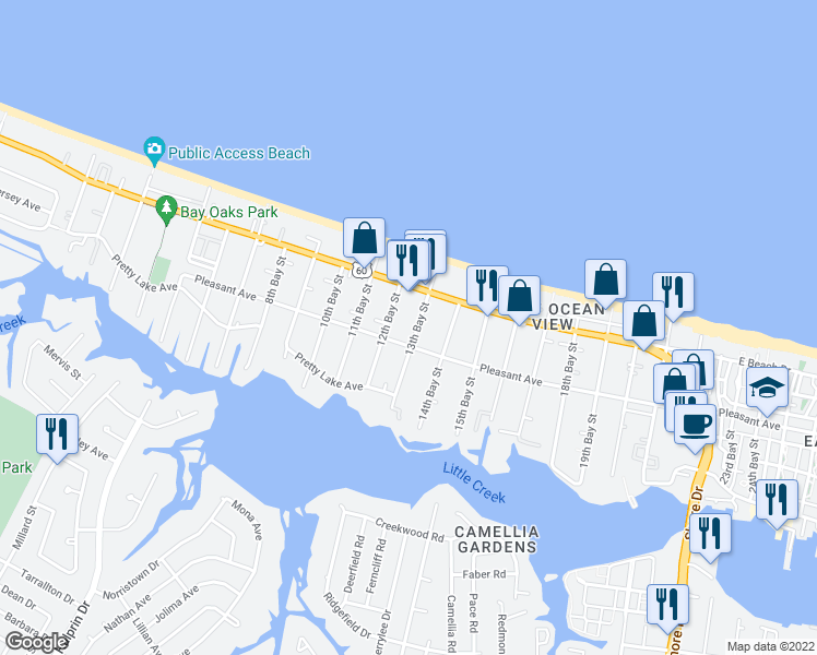 map of restaurants, bars, coffee shops, grocery stores, and more near 9613 13th Bay Street in Norfolk