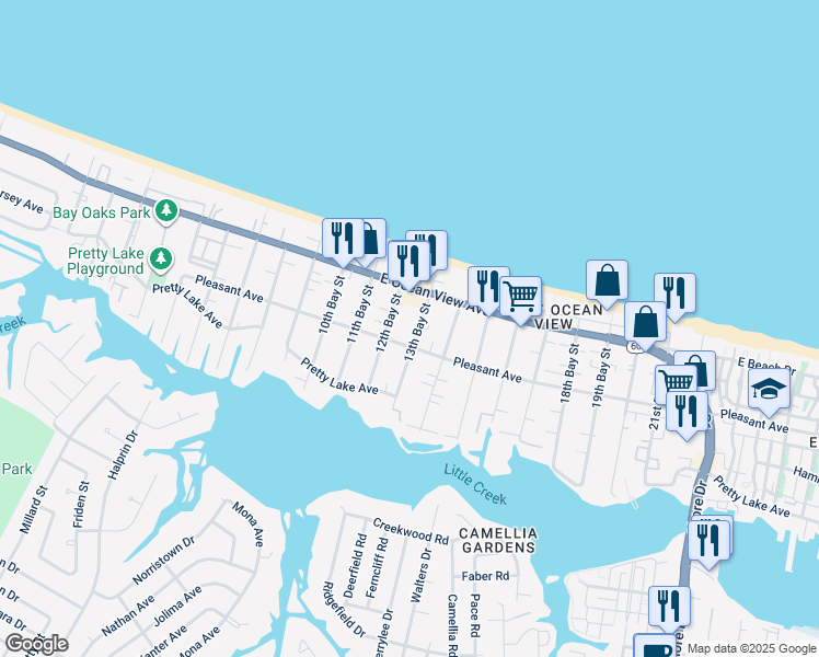 map of restaurants, bars, coffee shops, grocery stores, and more near 9613 13th Bay Street in Norfolk