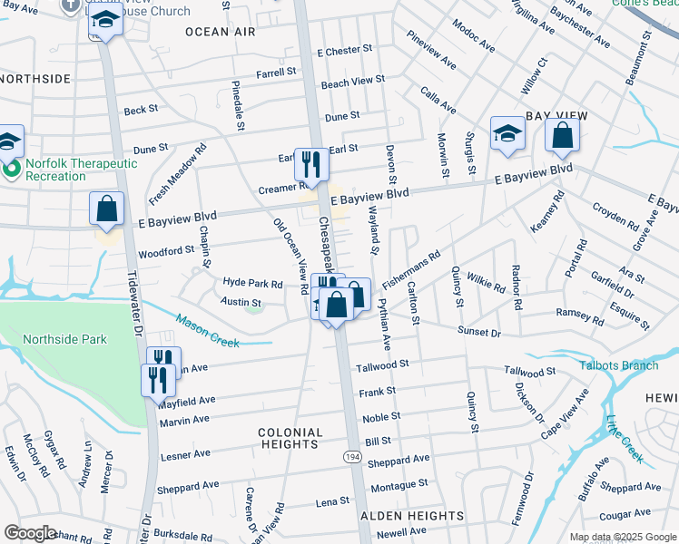 map of restaurants, bars, coffee shops, grocery stores, and more near 8534 Chesapeake Boulevard in Norfolk