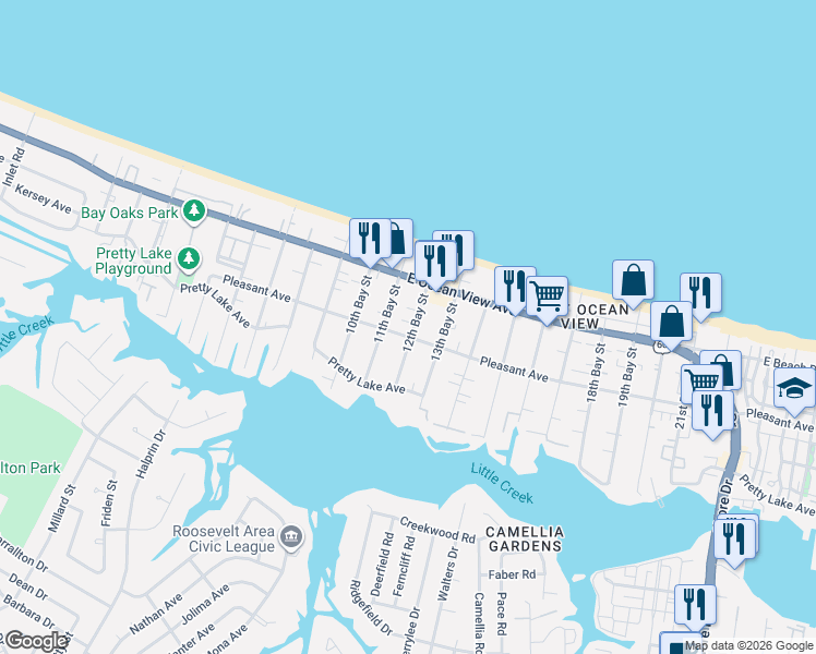 map of restaurants, bars, coffee shops, grocery stores, and more near 9614 11th Bay Street in Norfolk