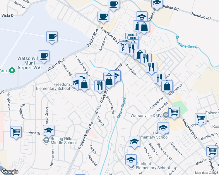 map of restaurants, bars, coffee shops, grocery stores, and more near 386 South Green Valley Road in Watsonville