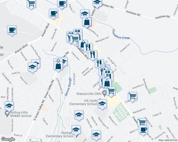 map of restaurants, bars, coffee shops, grocery stores, and more near 30 Sydney Avenue in Freedom