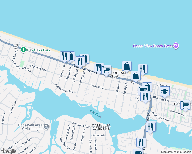 map of restaurants, bars, coffee shops, grocery stores, and more near 3447 East Ocean View Avenue in Norfolk
