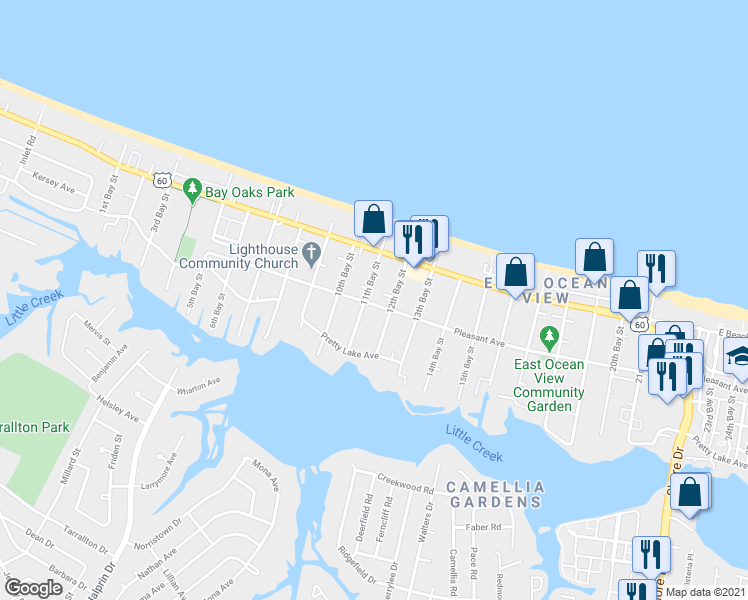 map of restaurants, bars, coffee shops, grocery stores, and more near 9600 11th Bay Street in Norfolk