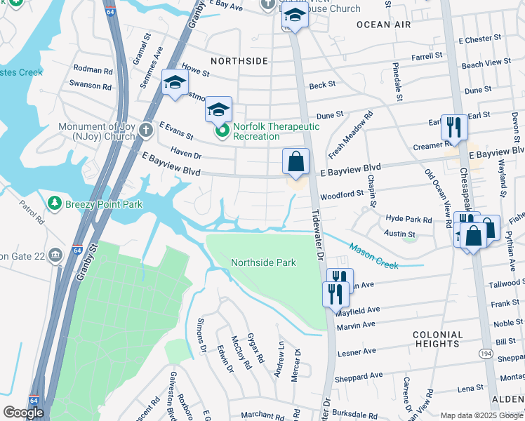 map of restaurants, bars, coffee shops, grocery stores, and more near 271 Louvett Street in Norfolk
