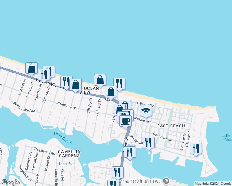 map of restaurants, bars, coffee shops, grocery stores, and more near 4110 East Ocean View Avenue in Norfolk