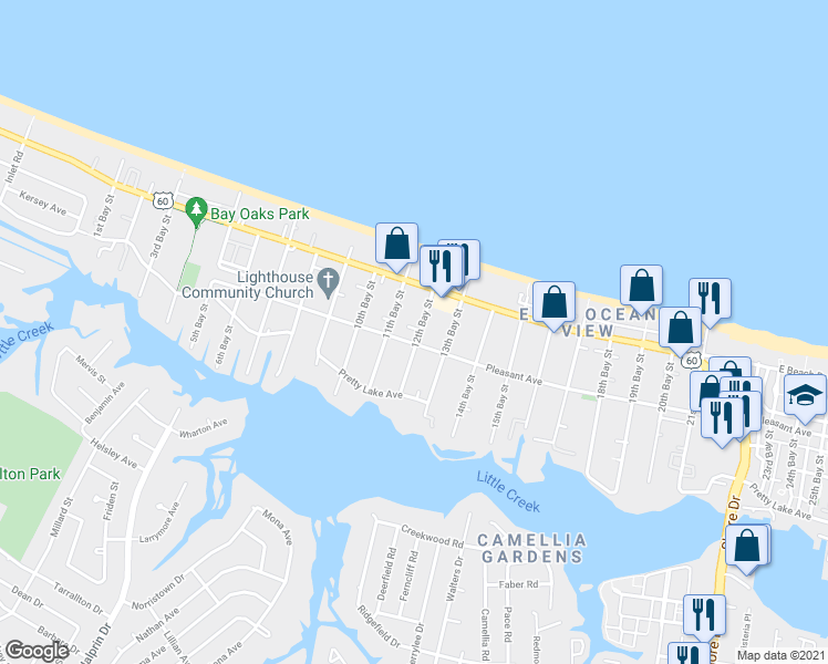 map of restaurants, bars, coffee shops, grocery stores, and more near 9614 11th Bay Street in Norfolk