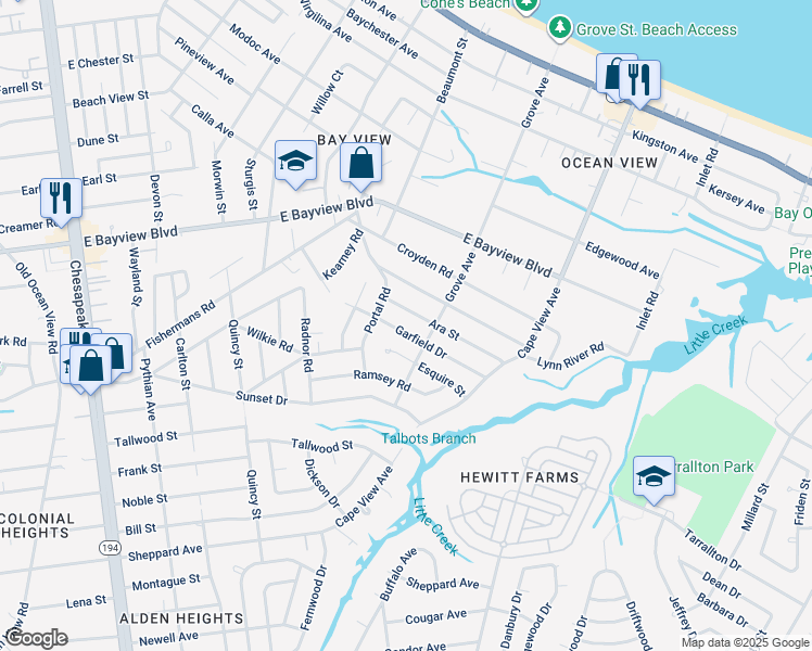 map of restaurants, bars, coffee shops, grocery stores, and more near 1617 Ara Street in Norfolk
