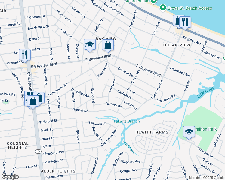 map of restaurants, bars, coffee shops, grocery stores, and more near 8447 Portal Road in Norfolk