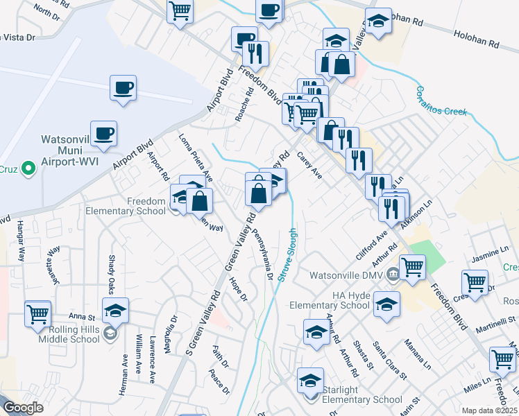 map of restaurants, bars, coffee shops, grocery stores, and more near 386 South Green Valley Road in Watsonville
