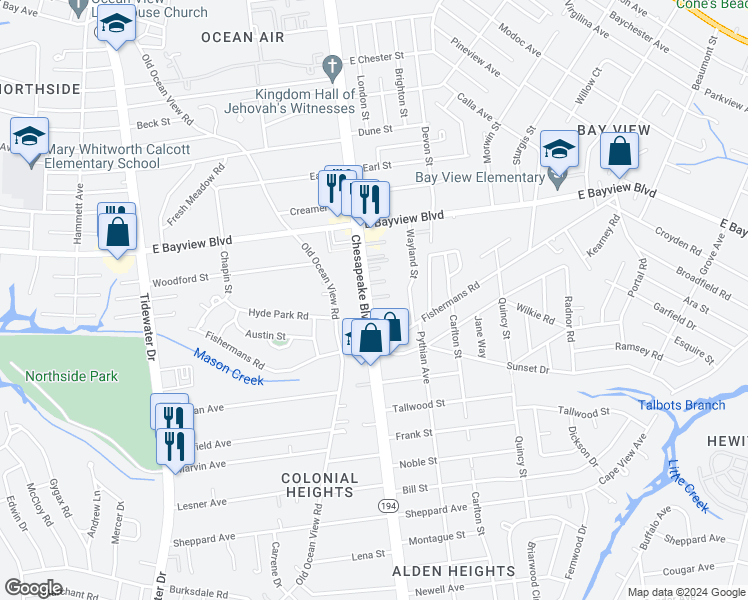 map of restaurants, bars, coffee shops, grocery stores, and more near 8538 Chesapeake Boulevard in Norfolk