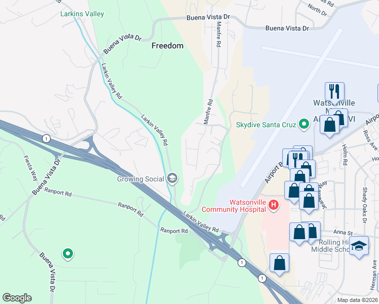 map of restaurants, bars, coffee shops, grocery stores, and more near 290 Zurich Avenue in Watsonville