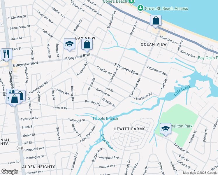 map of restaurants, bars, coffee shops, grocery stores, and more near 1800 Ara Street in Norfolk