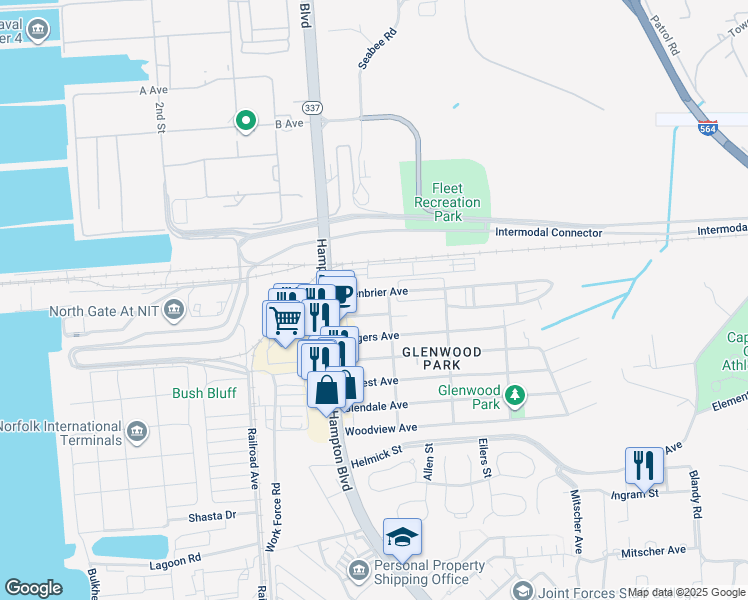 map of restaurants, bars, coffee shops, grocery stores, and more near 131 Greenbrier Avenue in Norfolk