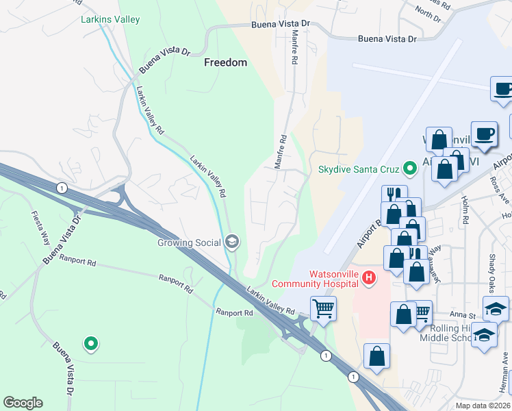 map of restaurants, bars, coffee shops, grocery stores, and more near 290 Zurich Avenue in Watsonville