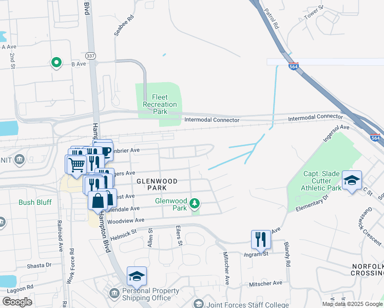 map of restaurants, bars, coffee shops, grocery stores, and more near 8600 Glen Myrtle Avenue in Norfolk