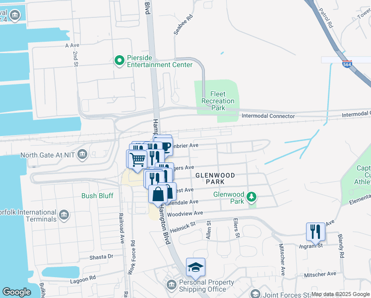 map of restaurants, bars, coffee shops, grocery stores, and more near 137 Greenbrier Avenue in Norfolk