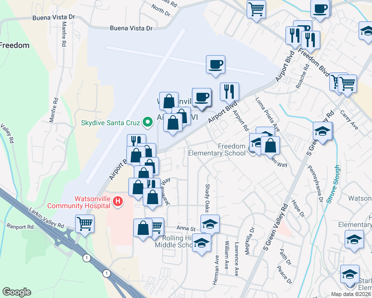 map of restaurants, bars, coffee shops, grocery stores, and more near 475 Airport Boulevard in Watsonville