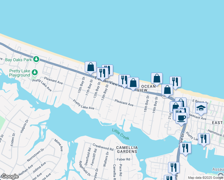 map of restaurants, bars, coffee shops, grocery stores, and more near 9635 14th Bay Street in Norfolk