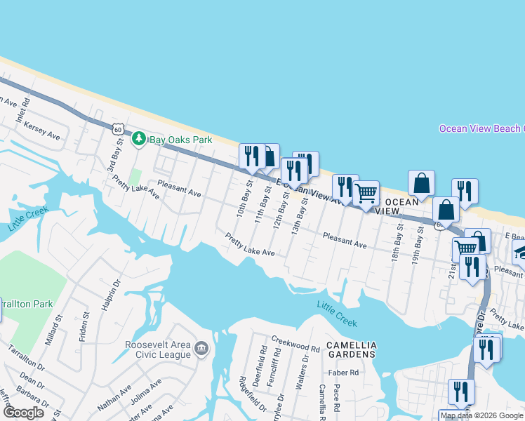 map of restaurants, bars, coffee shops, grocery stores, and more near 9616 11th Bay Street in Norfolk