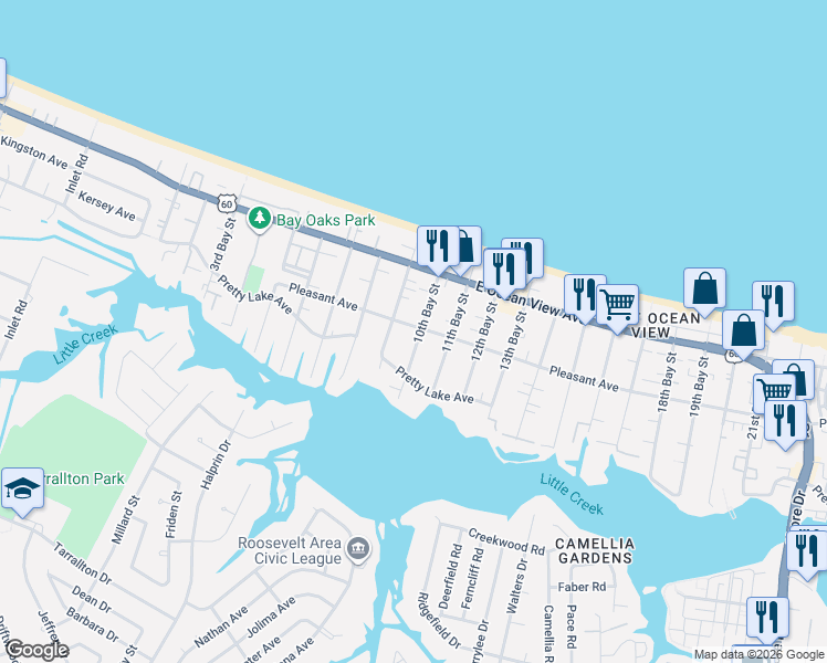 map of restaurants, bars, coffee shops, grocery stores, and more near 9602 10th Bay Street in Norfolk