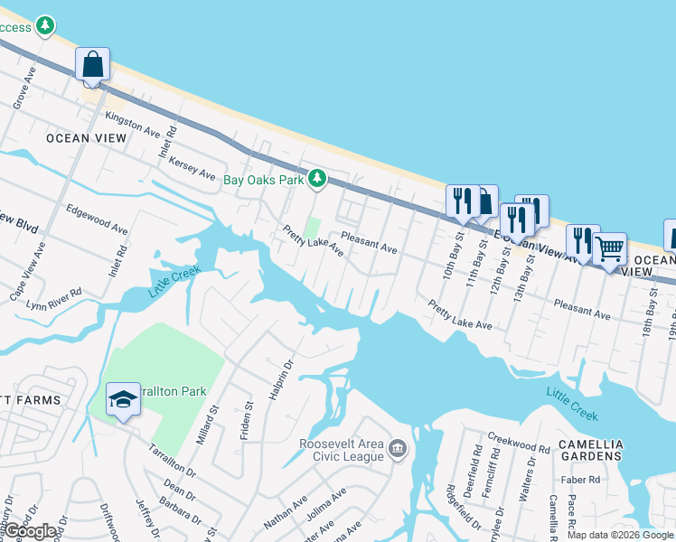 map of restaurants, bars, coffee shops, grocery stores, and more near 9536 5th Bay Street in Norfolk