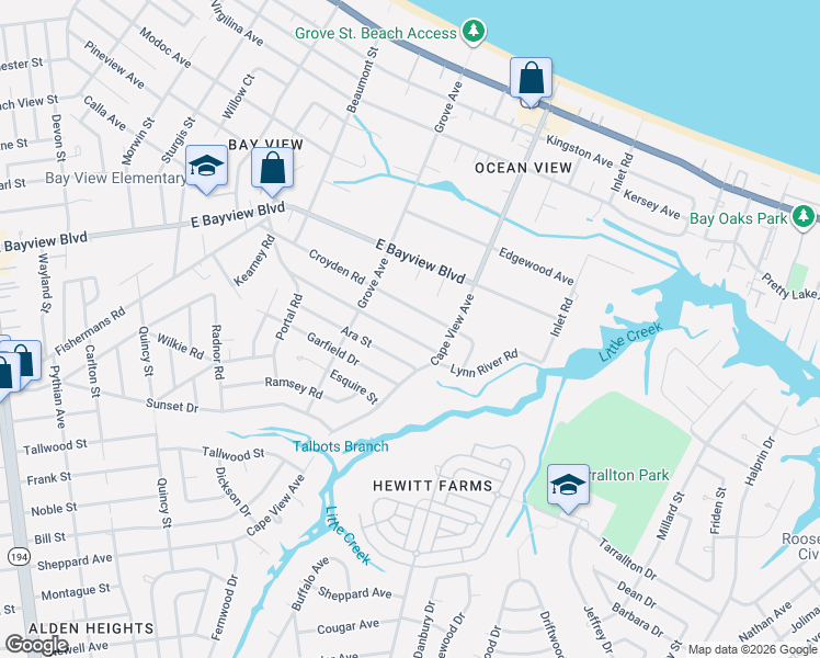 map of restaurants, bars, coffee shops, grocery stores, and more near 1812 Broadfield Road in Norfolk