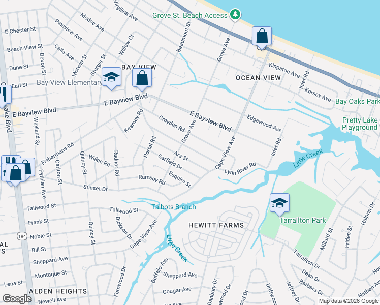 map of restaurants, bars, coffee shops, grocery stores, and more near 1812 Broadfield Road in Norfolk