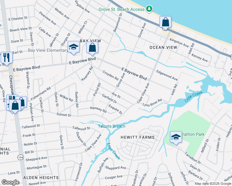 map of restaurants, bars, coffee shops, grocery stores, and more near 1800 Ara Street in Norfolk