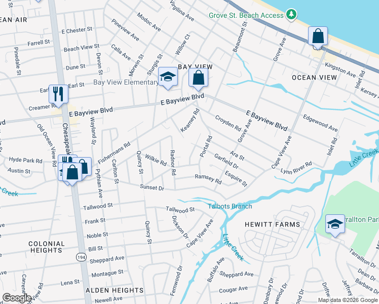 map of restaurants, bars, coffee shops, grocery stores, and more near 8452 Radnor Road in Norfolk