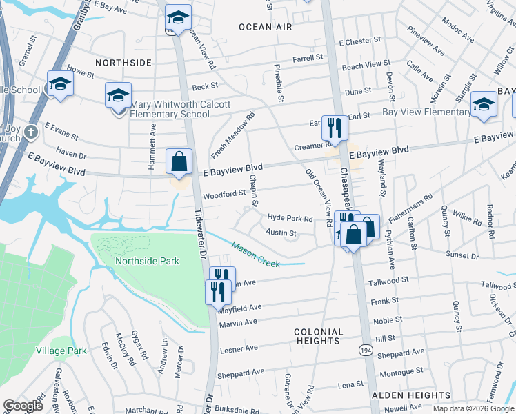 map of restaurants, bars, coffee shops, grocery stores, and more near 8520 Chapin Street in Norfolk