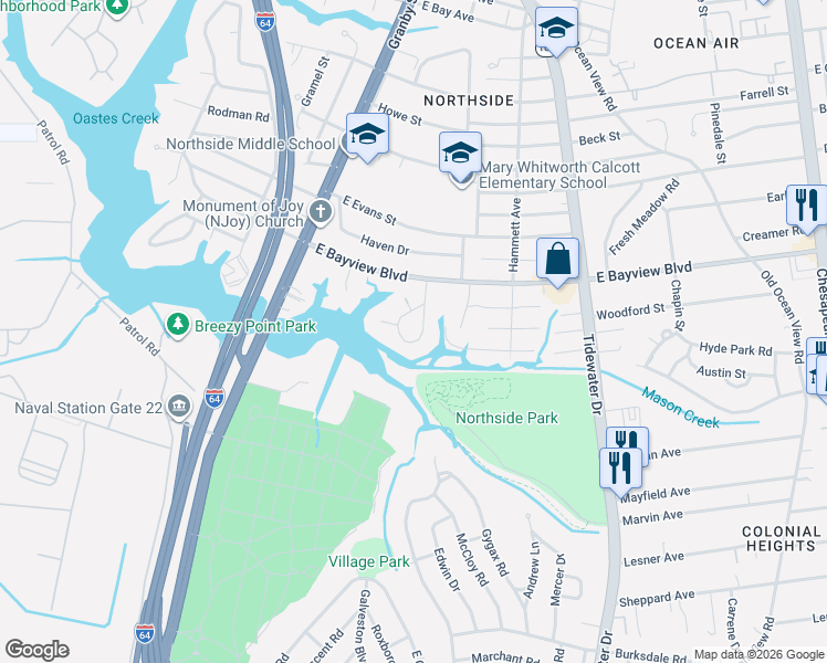 map of restaurants, bars, coffee shops, grocery stores, and more near 8523 Circle Drive in Norfolk