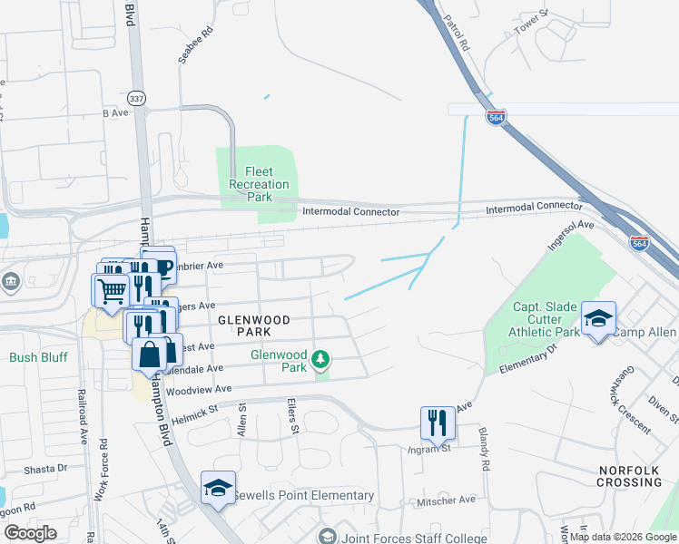 map of restaurants, bars, coffee shops, grocery stores, and more near Greenbrier Avenue in Norfolk