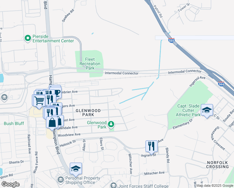 map of restaurants, bars, coffee shops, grocery stores, and more near Greenbrier Avenue in Norfolk